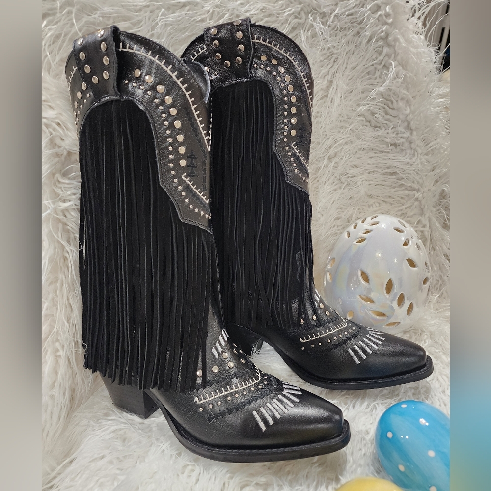 Black Fringe Western Boots